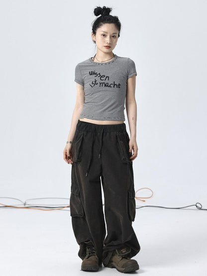 Achihara Vintage Striped Cylindrical Bead Embroidered Tee