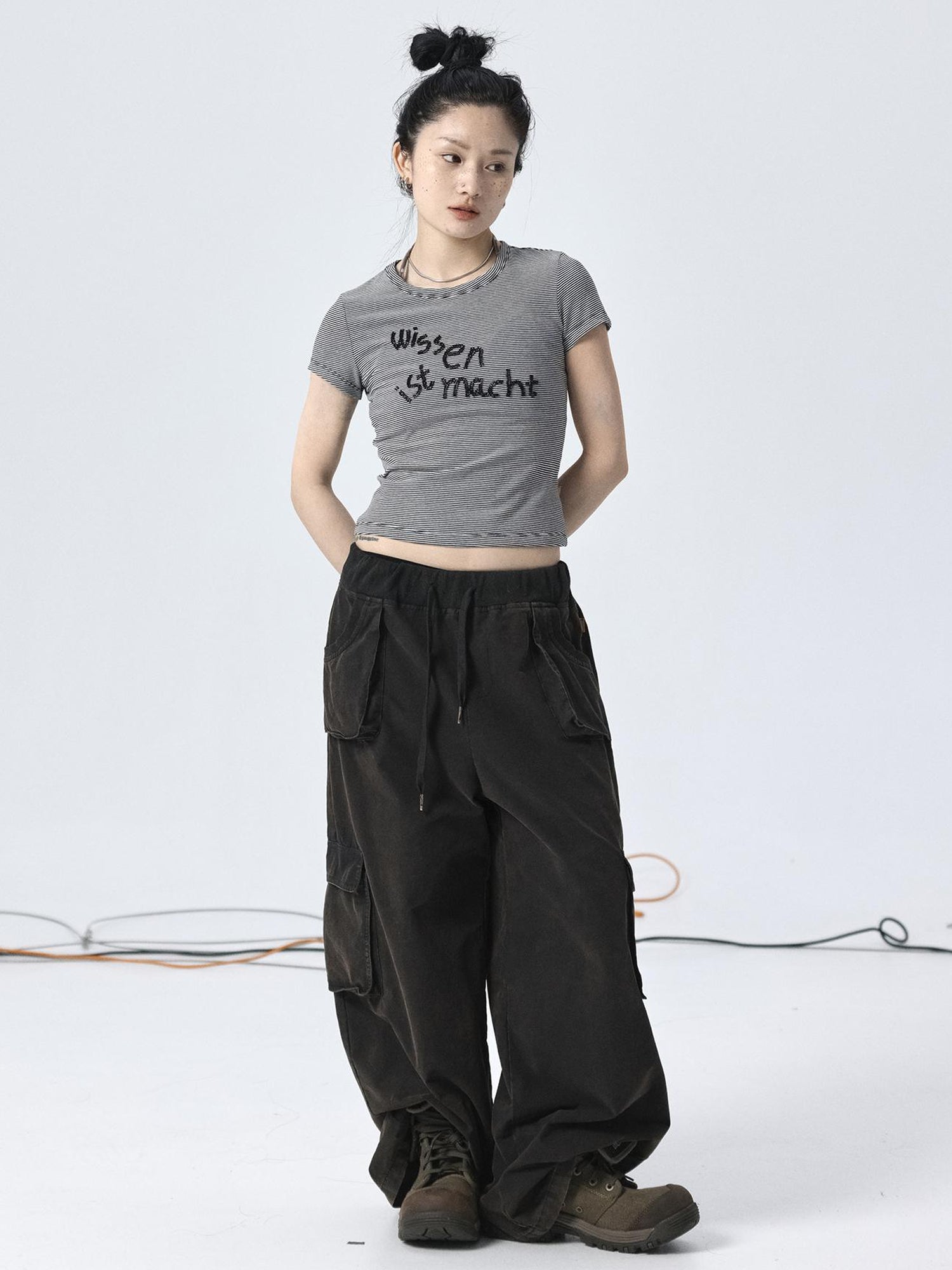 Achihara Vintage Striped Cylindrical Bead Embroidered Tee