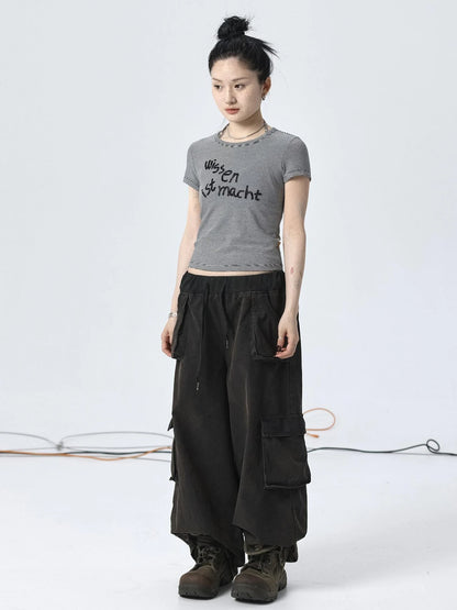 Vintage Striped Cylindrical Bead Embroidered Tee