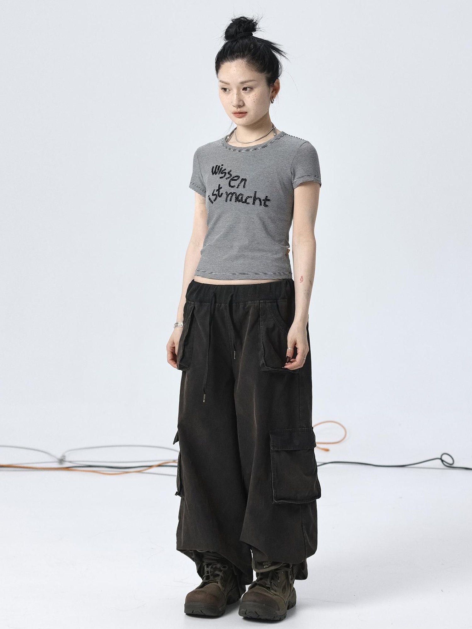 Achihara Vintage Striped Cylindrical Bead Embroidered Tee
