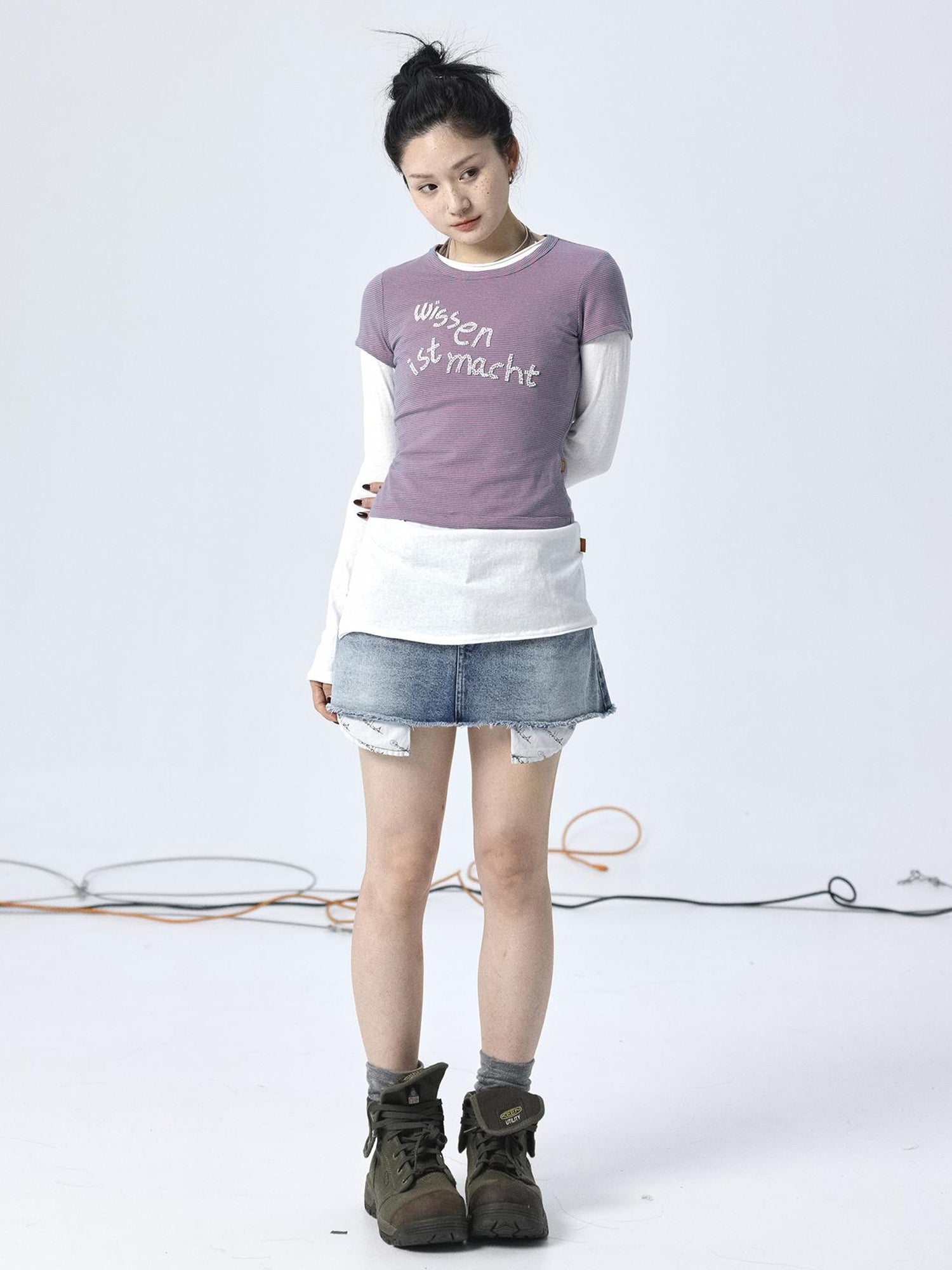 Achihara Vintage Striped Cylindrical Bead Embroidered Tee