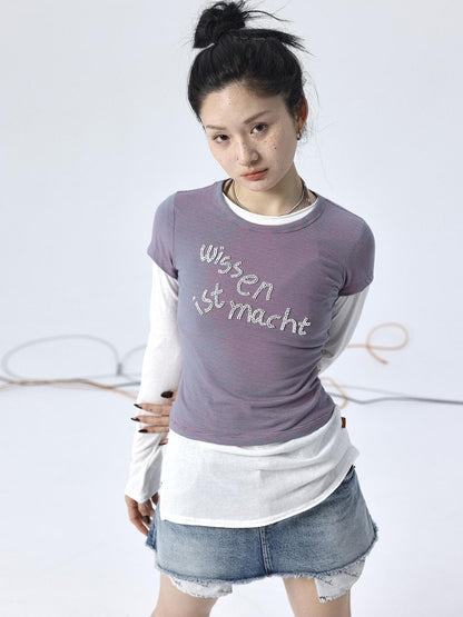 Achihara Vintage Striped Cylindrical Bead Embroidered Tee