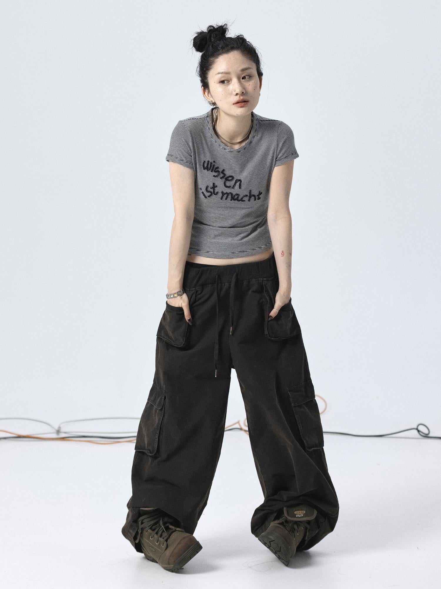 Achihara Vintage Striped Cylindrical Bead Embroidered Tee