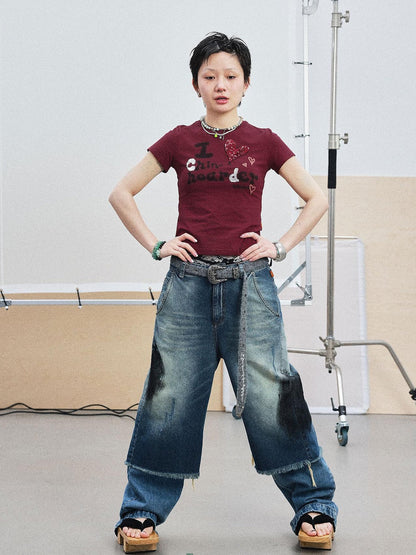 Achihara Vintage Washed Blue Denim Culottes With Fringe &amp; Distressed Details