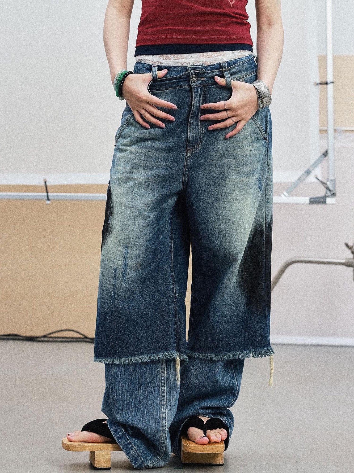 Achihara Vintage Washed Blue Denim Culottes With Fringe &amp; Distressed Details
