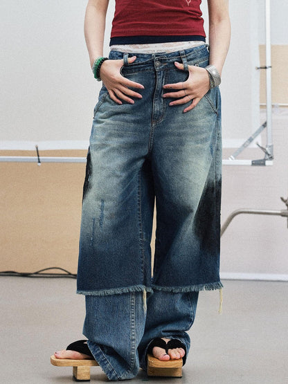 Achihara Vintage Washed Blue Denim Culottes With Fringe &amp; Distressed Details