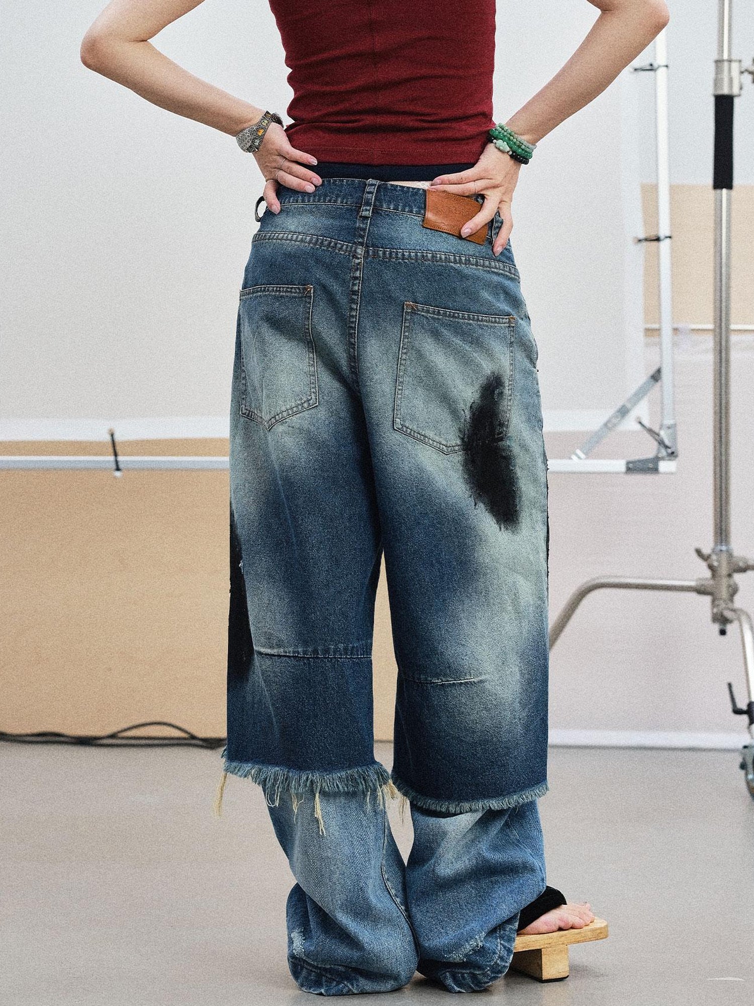 Achihara Vintage Washed Blue Denim Culottes With Fringe &amp; Distressed Details