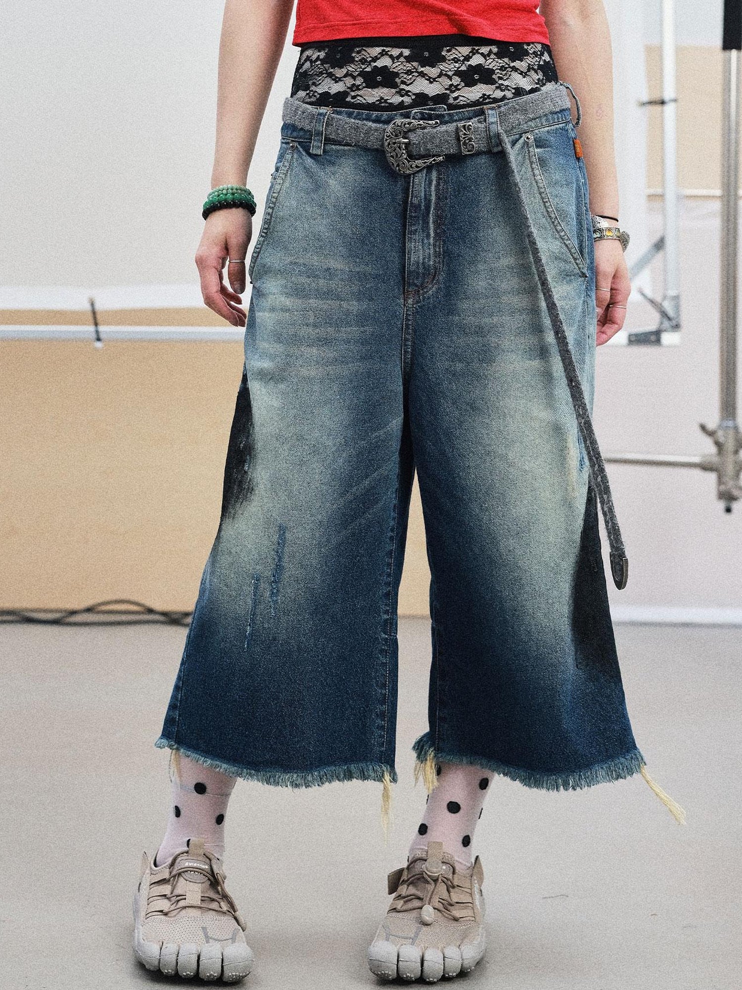 Achihara Vintage Washed Blue Denim Culottes With Fringe &amp; Distressed Details