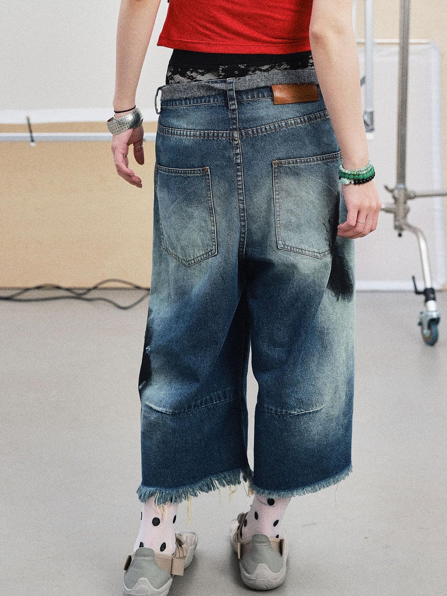 Achihara Vintage Washed Blue Denim Culottes With Fringe &amp; Distressed Details