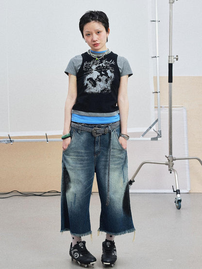 Achihara Vintage Washed Blue Denim Culottes With Fringe &amp; Distressed Details