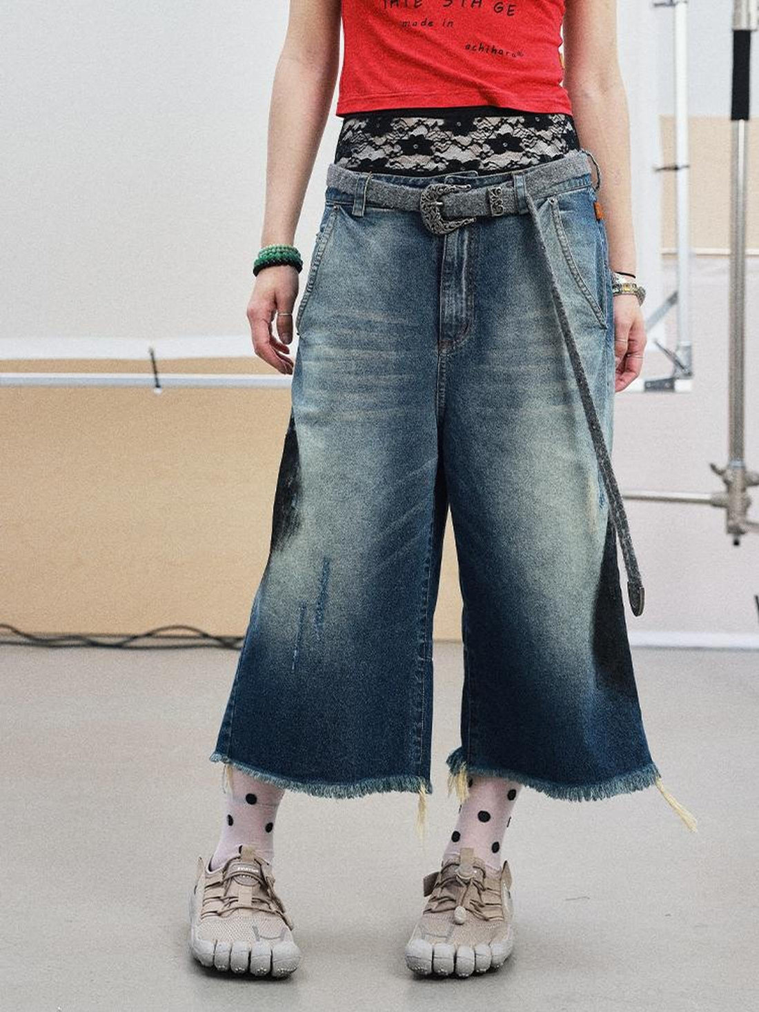 Achihara Vintage Washed Blue Denim Culottes With Fringe &amp; Distressed Details