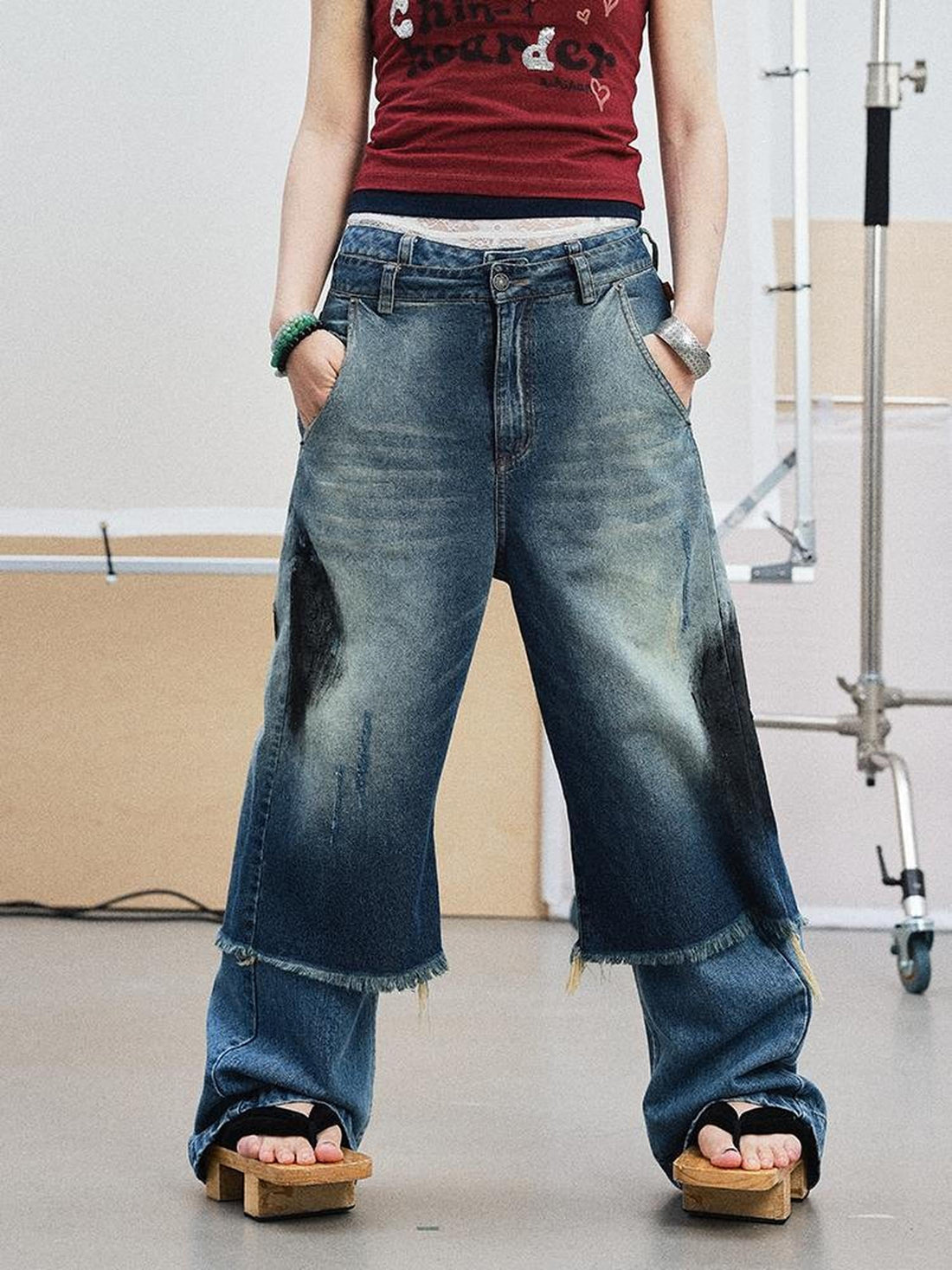 Achihara Vintage Washed Blue Denim Culottes With Fringe &amp; Distressed Details