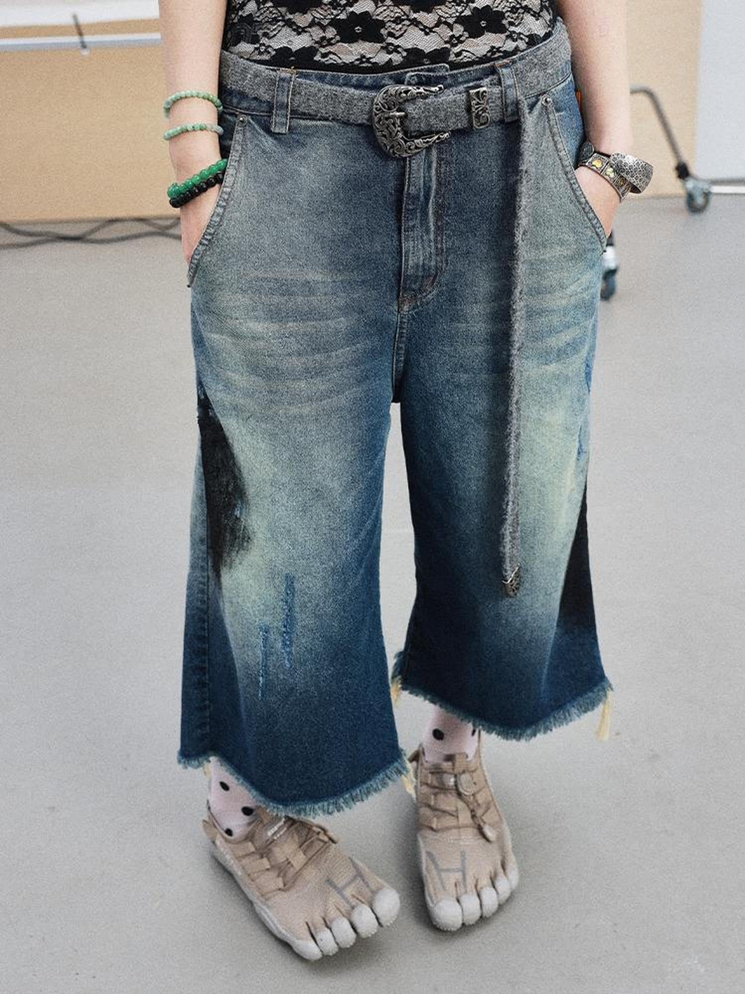 Achihara Vintage Washed Blue Denim Culottes With Fringe &amp; Distressed Details