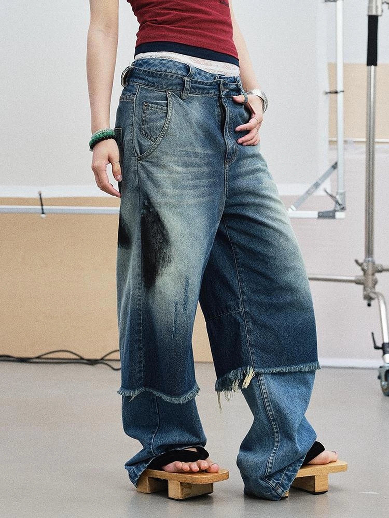 Vintage Washed Blue Denim Culottes With Fringe &amp; Distressed Details