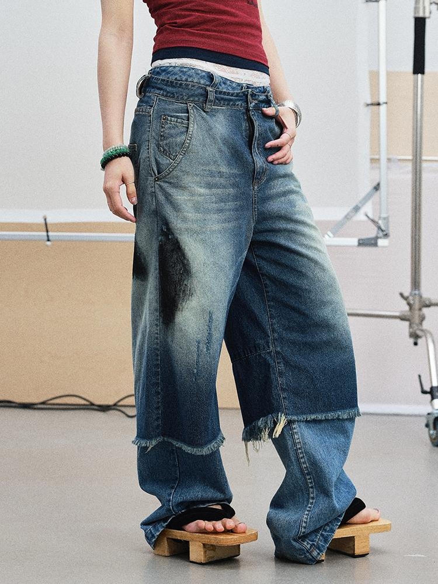 Achihara Vintage Washed Blue Denim Culottes With Fringe &amp; Distressed Details