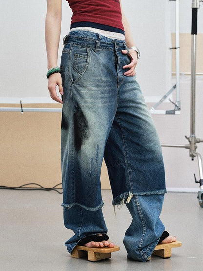 Achihara Vintage Washed Blue Denim Culottes With Fringe &amp; Distressed Details