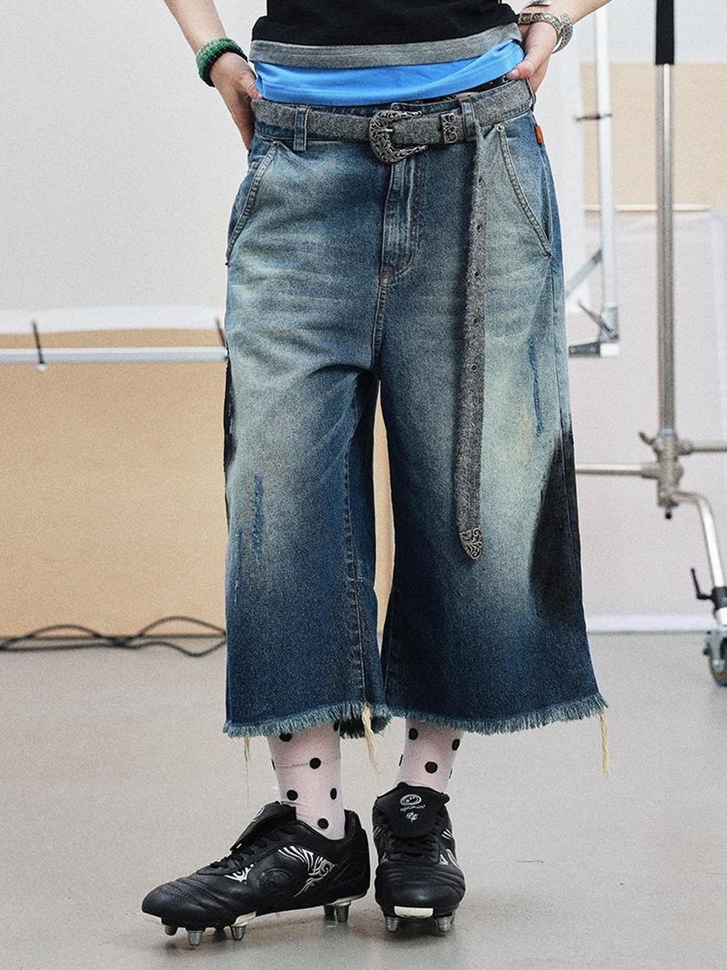 Achihara Vintage Washed Blue Denim Culottes With Fringe &amp; Distressed Details
