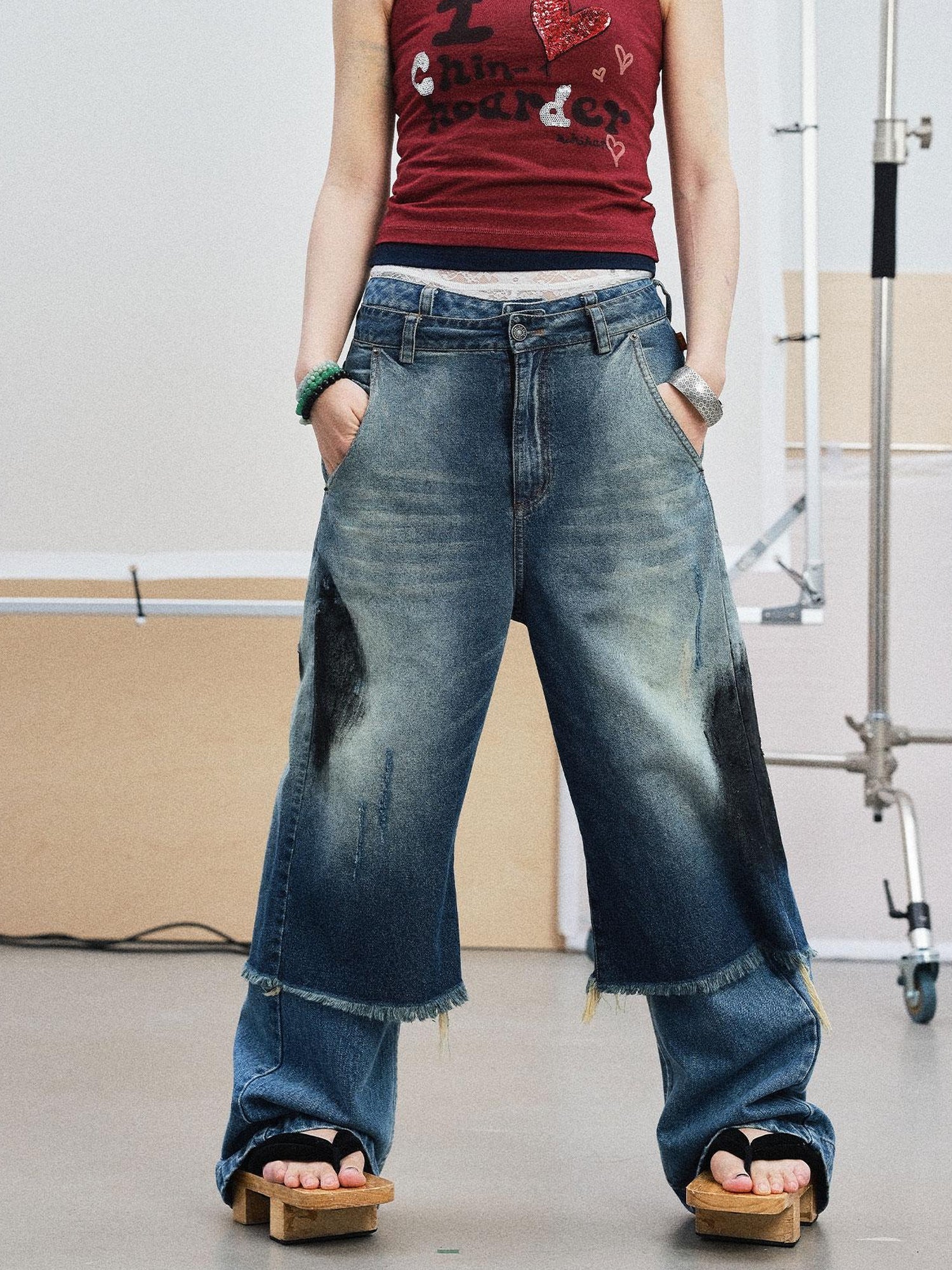Achihara Vintage Washed Blue Denim Culottes With Fringe &amp; Distressed Details