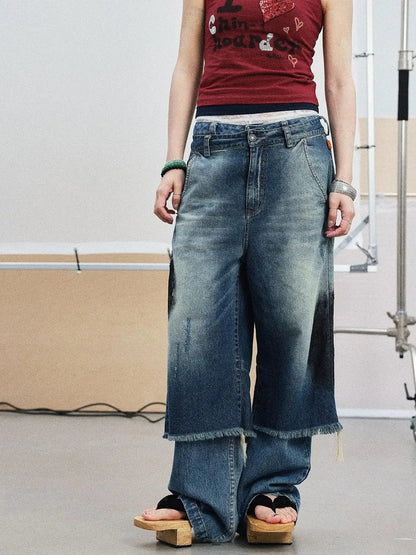 Vintage Washed Blue Denim Culottes With Fringe &amp; Distressed Details