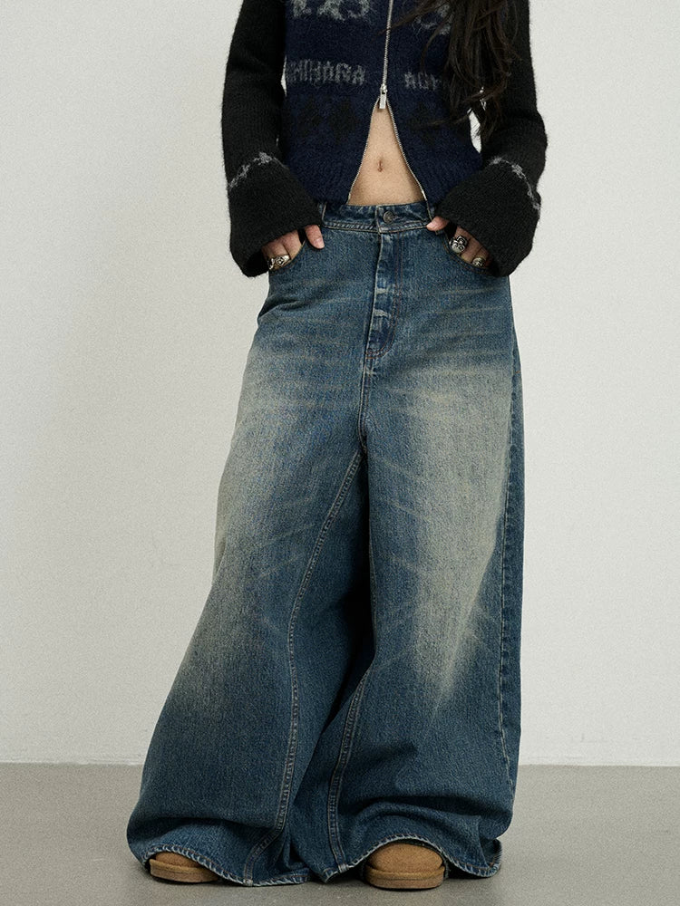 Achihara Vintage Washed Denim Kangaroo Skirt Pants-1