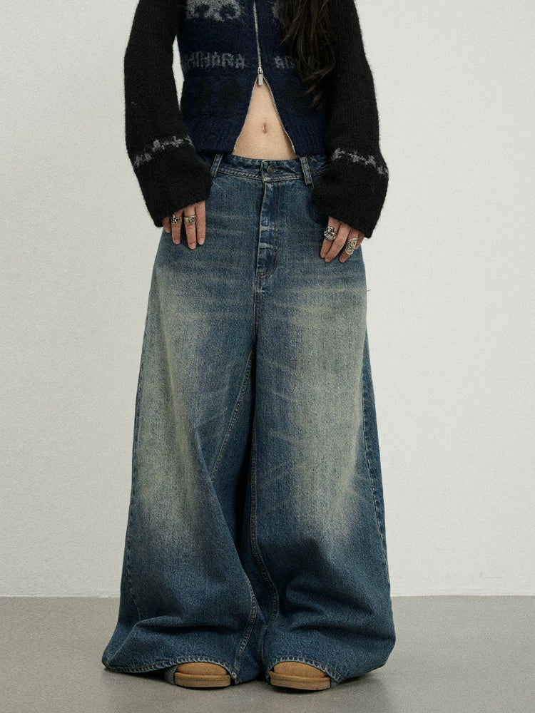 Achihara Vintage Washed Denim Kangaroo Skirt Pants-2