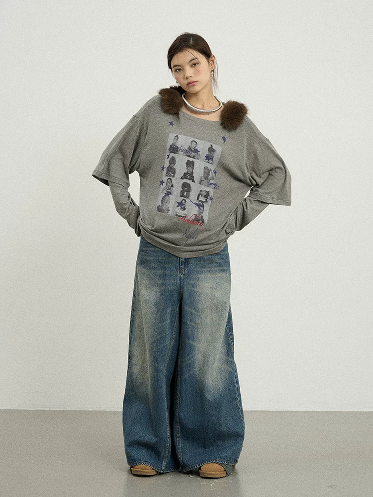 Achihara Vintage Washed Denim Kangaroo Skirt Pants-3