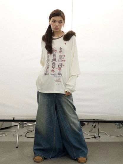 Vintage Washed Denim Kangaroo Skirt Pants