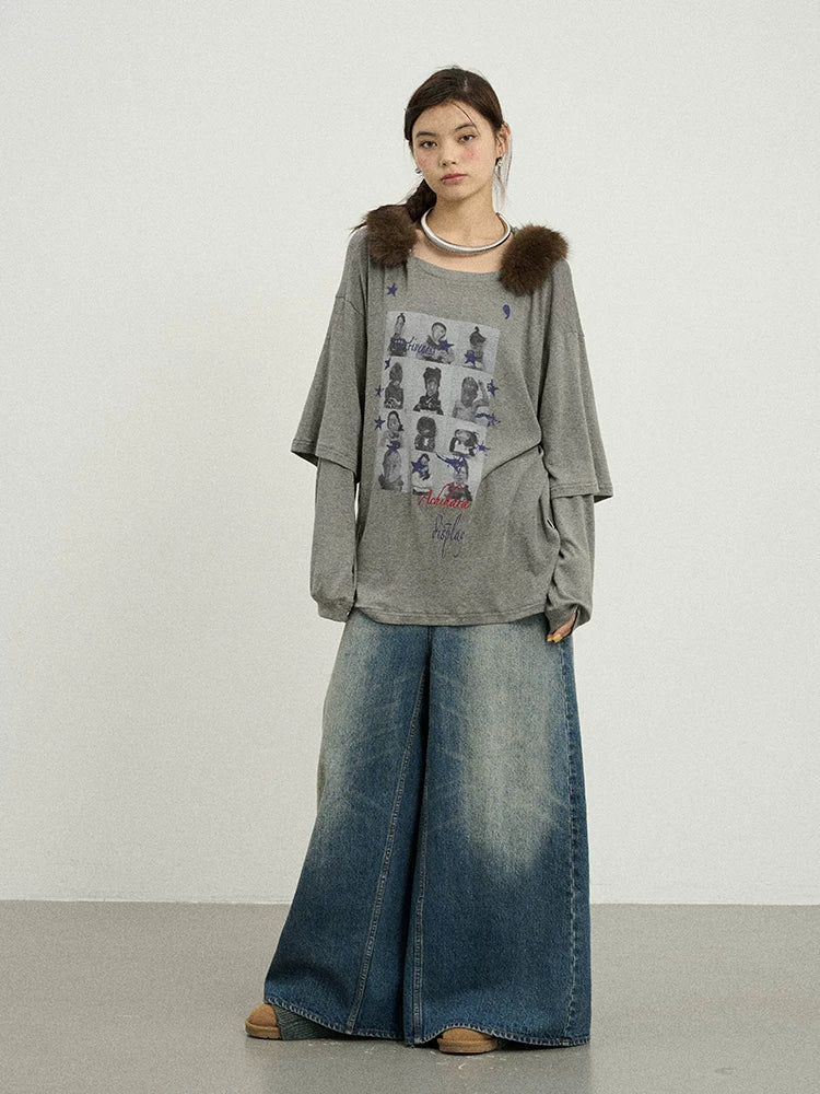 Achihara Vintage Washed Denim Kangaroo Skirt Pants-4