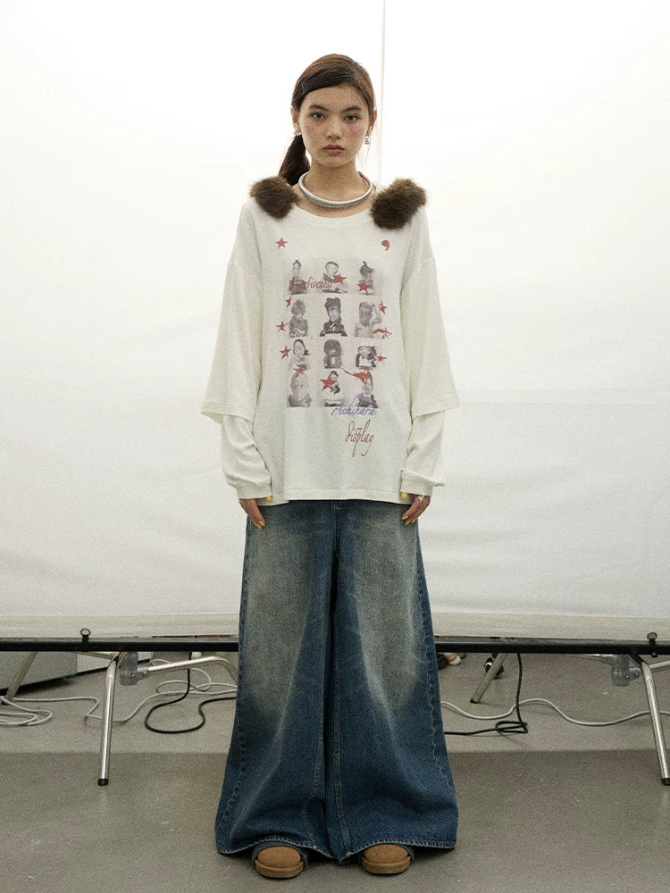 Achihara Vintage Washed Denim Kangaroo Skirt Pants-5