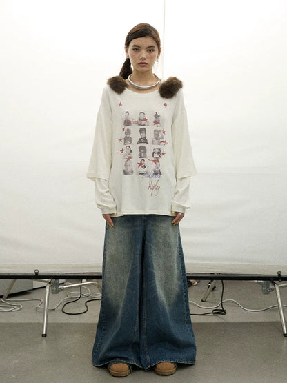 Achihara Vintage Washed Denim Kangaroo Skirt Pants-5