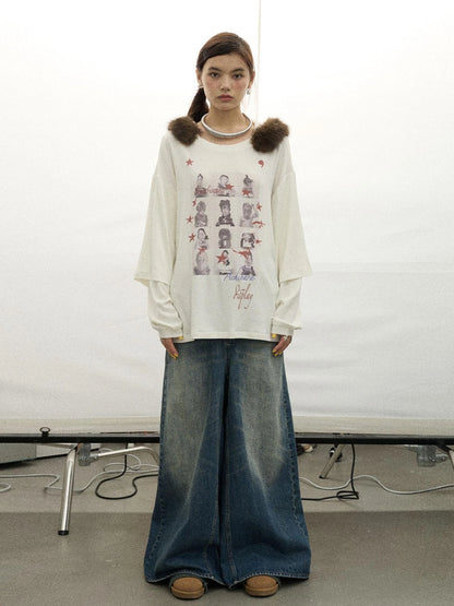 Vintage Washed Denim Kangaroo Skirt Pants