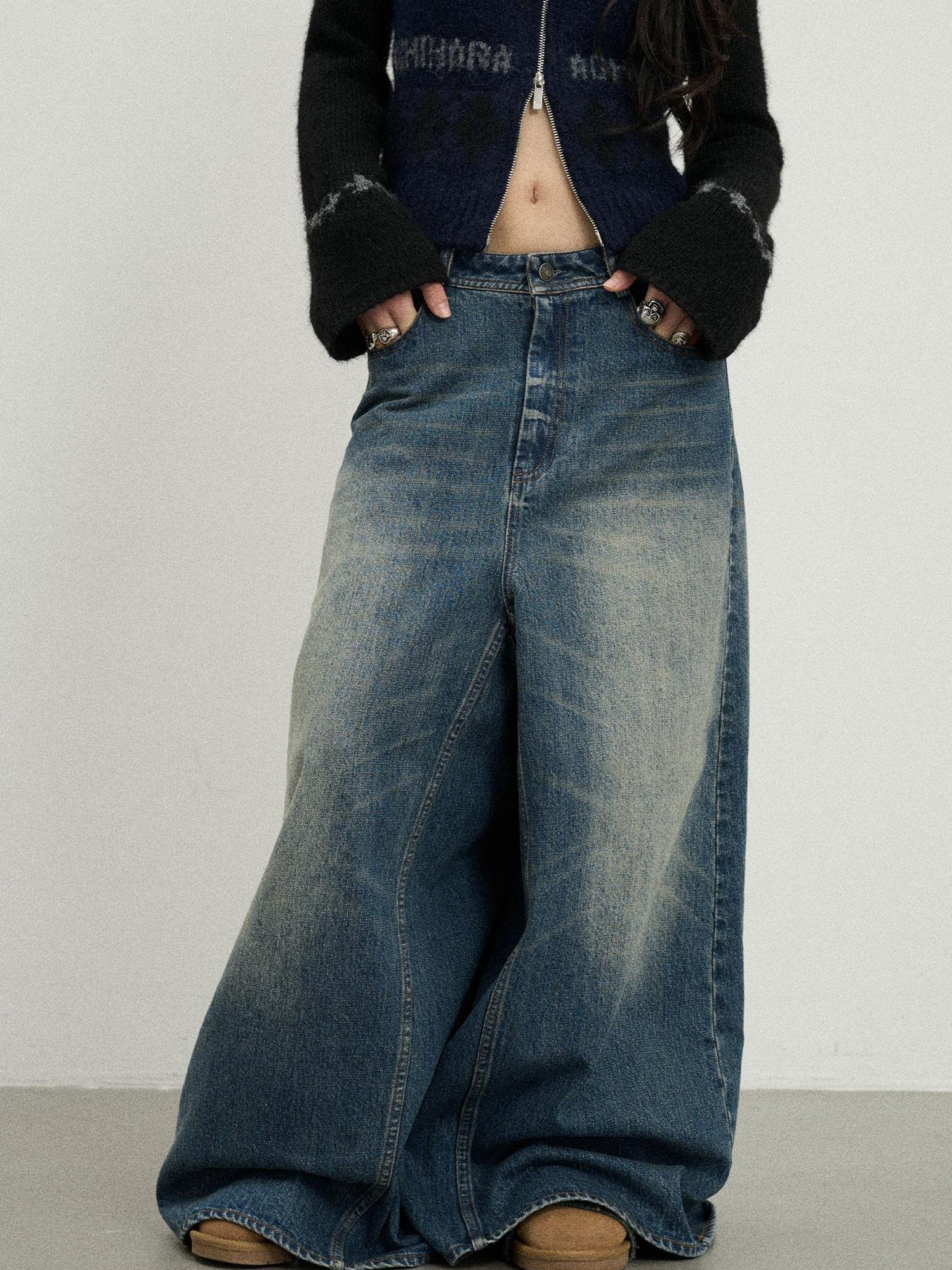 Achihara Vintage Washed Denim Kangaroo Skirt Pants
