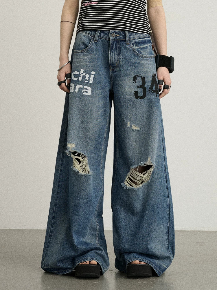 Achihara Vintage Washed Wide Leg Jeans With Distressed Details-1