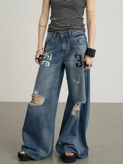 Vintage Washed Wide Leg Jeans With Distressed Details