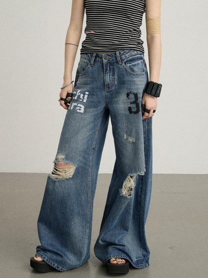 Achihara Vintage Washed Wide Leg Jeans With Distressed Details