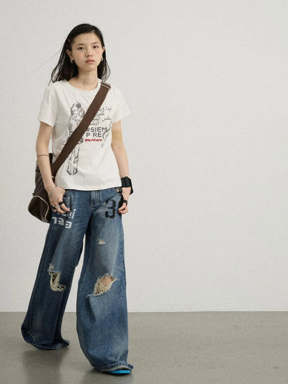Vintage Washed Wide Leg Jeans With Distressed Details