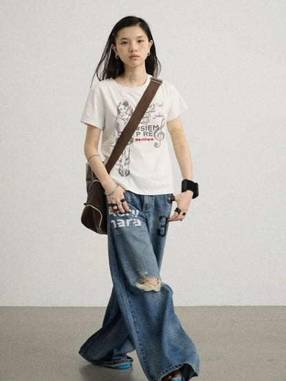 Vintage Washed Wide Leg Jeans With Distressed Details