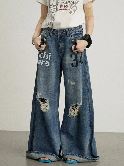 Vintage Washed Wide Leg Jeans With Distressed Details