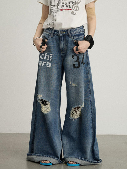 Achihara Vintage Washed Wide Leg Jeans With Distressed Details