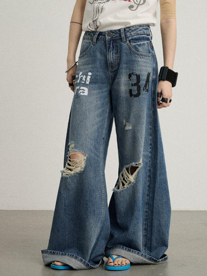 Achihara Vintage Washed Wide Leg Jeans With Distressed Details