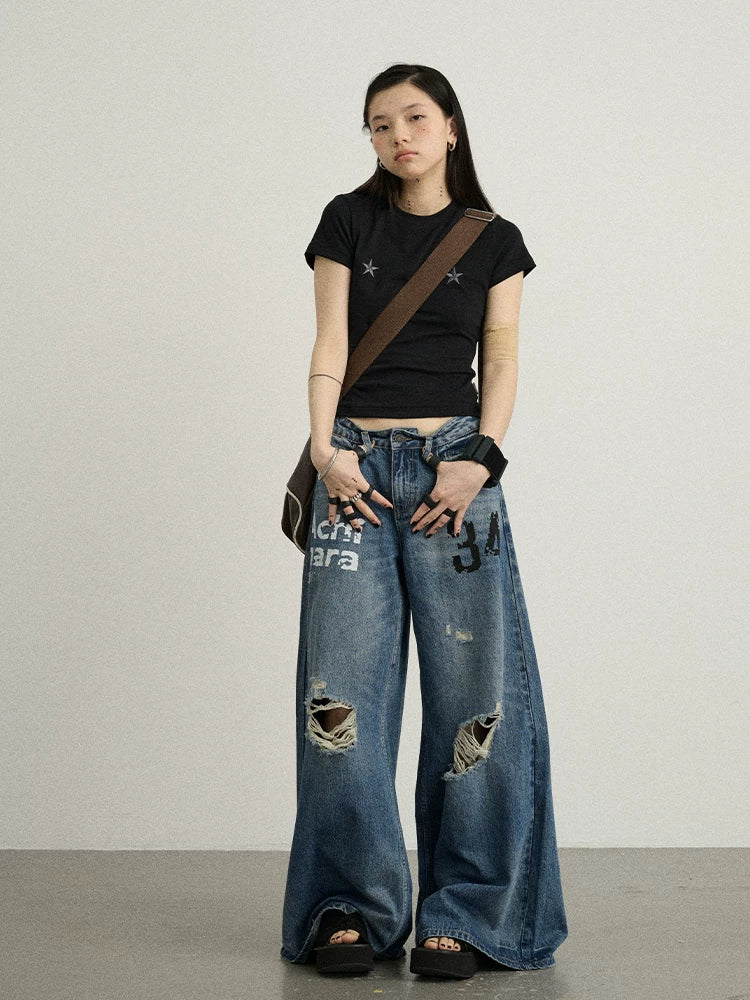 Achihara Vintage Washed Wide Leg Jeans With Distressed Details-2