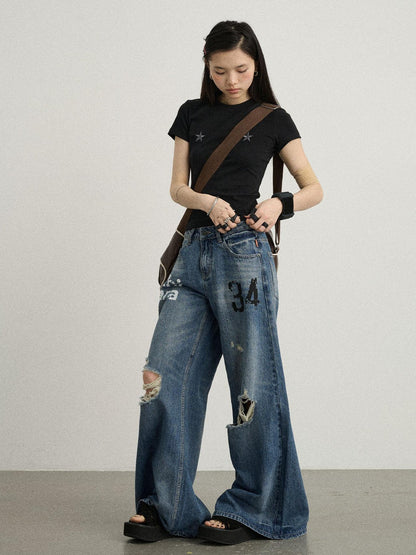 Achihara Vintage Washed Wide Leg Jeans With Distressed Details