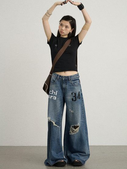 Achihara Vintage Washed Wide Leg Jeans With Distressed Details