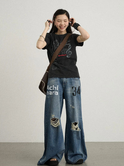 Vintage Washed Wide Leg Jeans With Distressed Details