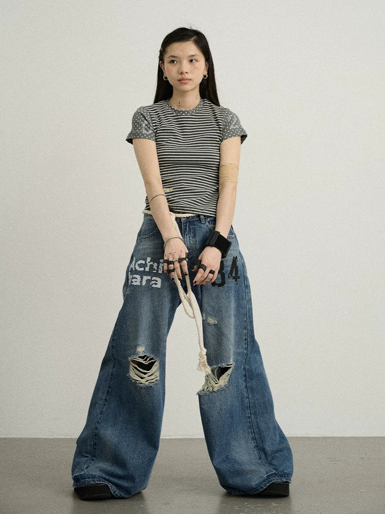 Achihara Vintage Washed Wide Leg Jeans With Distressed Details-3