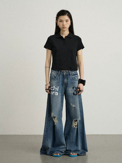 Achihara Vintage Washed Wide Leg Jeans With Distressed Details-4