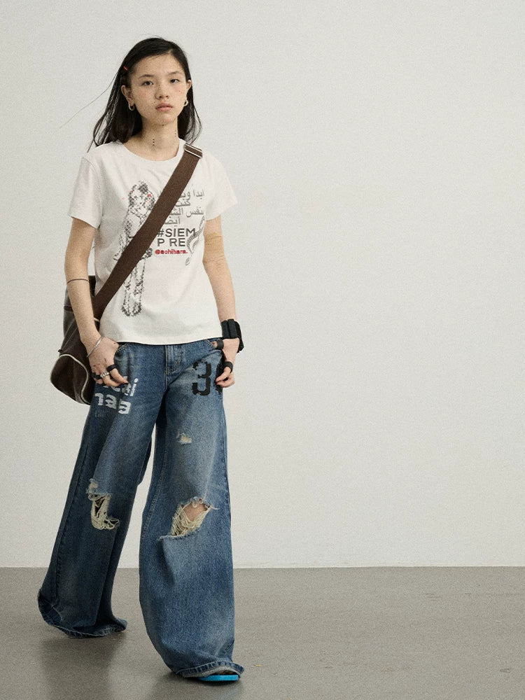 Achihara Vintage Washed Wide Leg Jeans With Distressed Details-5