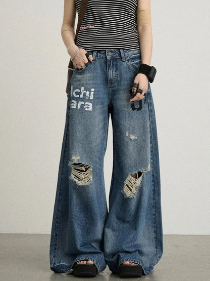 Vintage Washed Wide Leg Jeans With Distressed Details