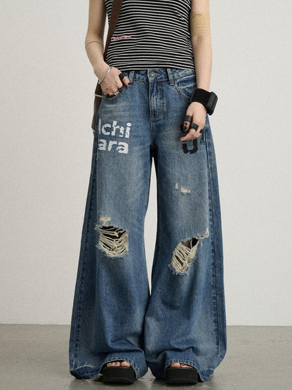 Achihara Vintage Washed Wide Leg Jeans With Distressed Details