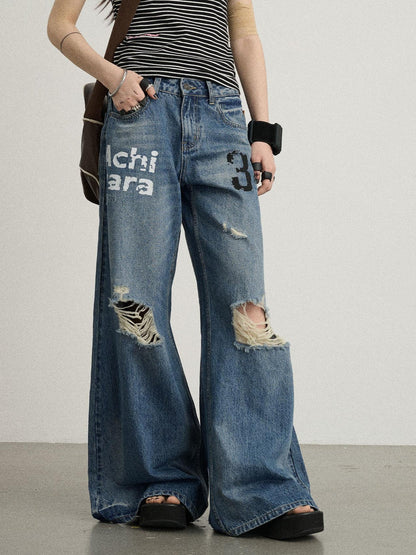 Achihara Vintage Washed Wide Leg Jeans With Distressed Details